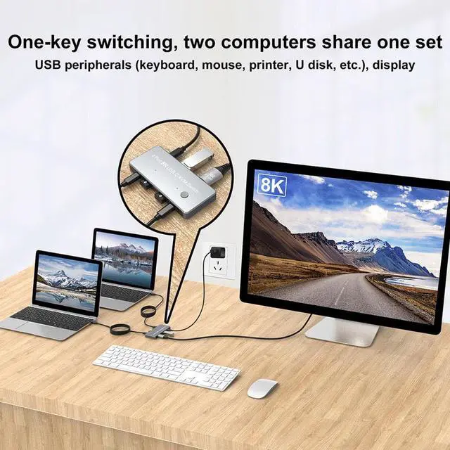 Alt view image 4 of 7 - 8K KVM Switch DP 2 Computers Share 1 Monitors and USB hub, 2 USB C PC Input, 1 DP Monitor Output, One Button Switch, Share Keyboard Mouse U disks Switcher, with 2 USB-C Cable and 1 USB-C Power Cable