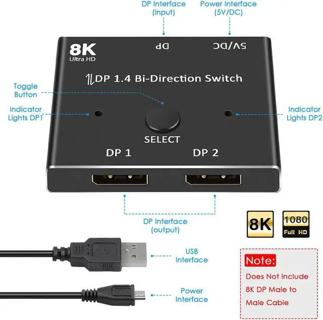 Alt view image 2 of 7 - Jansicotek 8K Displayport Switch 2 in 1 Out - Bi-Directional DP Splitter 1 in 2 Out 8K@60Hz 3D 4K@120Hz 2K 240Hz for Esports & Gaming,Multiple Source and Displays