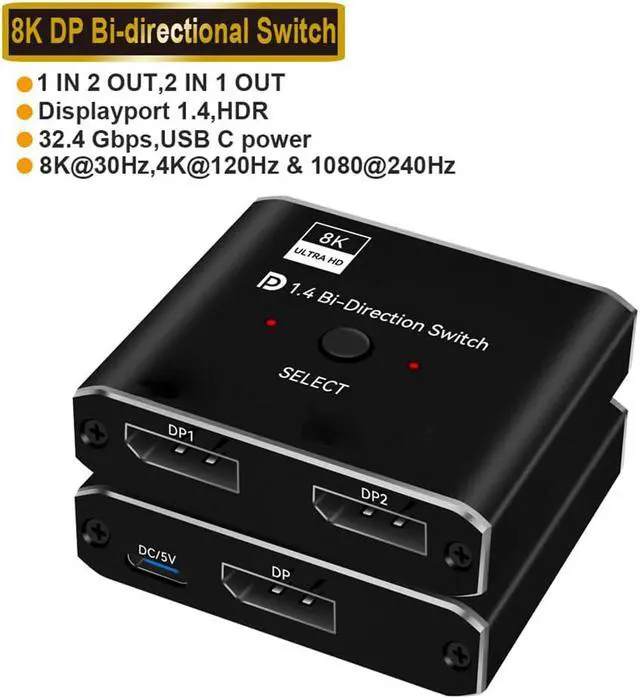 Main image of Jansicotek 8K DisplayPort Switch Splitter 2 Port Bi-Direction DP 1.4 Switcher 8K@30Hz 4K@144Hz, Bidirectional 1in 2 Out(Splitter) or 2in 1out(Switcher),  for Switch Multiple Source and Display (OZQD)