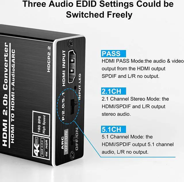 Alt view image 5 of 7 - Aluminum Shell 4K@60Hz HDMI Audio Extractor Splitter with HDMI Audio Extractor to Toslink & 3.5mm, HDMI 2.0a, HDCP 2.2, 18Gbps for PS4 Xbox One DVD Blu-ray Player HD TV Projector,OZV8-1