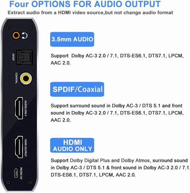 Alt view image 5 of 7 - HDMI Splitter Audio Extractor with Remote Control , 4k@60Hz 2 in 1 out with Optical Toslink SPDIF + Coaxial + 3.5mm Audio Out Supports Auto Scaling, HDCP2.3, HDMI2.0b