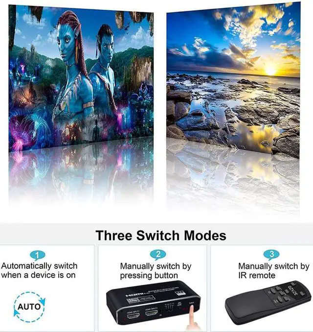 Alt view image 4 of 7 - HDMI Splitter Audio Extractor with Remote Control , 4k@60Hz 2 in 1 out with Optical Toslink SPDIF + Coaxial + 3.5mm Audio Out Supports Auto Scaling, HDCP2.3, HDMI2.0b