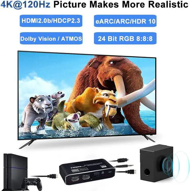 Alt view image 3 of 7 - HDMI Splitter Audio Extractor with Remote Control , 4k@60Hz 2 in 1 out with Optical Toslink SPDIF + Coaxial + 3.5mm Audio Out Supports Auto Scaling, HDCP2.3, HDMI2.0b