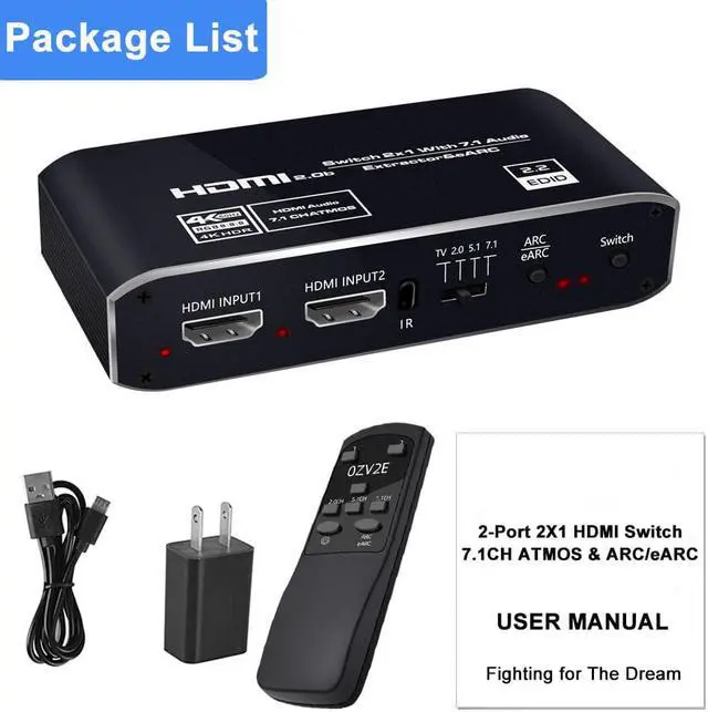 Alt view image 7 of 7 - HDMI Splitter Audio Extractor with Remote Control , 4k@60Hz 2 in 1 out with Optical Toslink SPDIF + Coaxial + 3.5mm Audio Out Supports Auto Scaling, HDCP2.3, HDMI2.0b