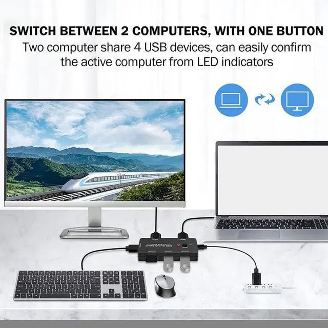 Alt view image 2 of 7 - Jansicotek USB Switch USB Switcher 2 Computers Sharing 4 USB Devices USB Metal KVM Switch for Printer, Keyboard switches, Scanner PCs with One-Button Swapping and 2 Pack USB Cables