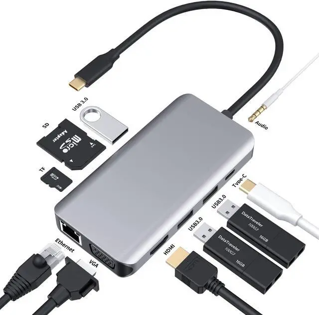 Main image of USB C Hub, USB C Adapter, 10 in 1 Type c Hub with 1000M RJ45 Ethernet, 4K HDMI, VGA, 3USB 3.0 Ports, PD 3.0 Charging Port, TF/SD Card Readers, Audio Mic Port for MacBook, Chromebook and More
