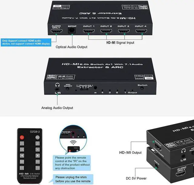 Alt view image 2 of 7 - 4K 60hz HDMI Switch 4 in 1 Out 4 Ports HDMI Switch HDMI Audio Extractor with IR Remote Support HDMI to Toslink SPDIF 3.5mm Audio Out Support 3D PIP 4K 60hz for TV Box Apple TV DVD PS4 PS3