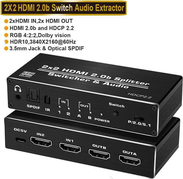 Main image of 4K@60Hz HDMI Switch Splitter 2x2 with Audio Extractor, HDMI2.0b Switch Box with HDMI Toslink SPDIF /3.5mm Audio Out, HDMI Selector Switch with Remote, Support HDCP 2.2, HDMI2.0b, RGB4:2:2, 4K HDR