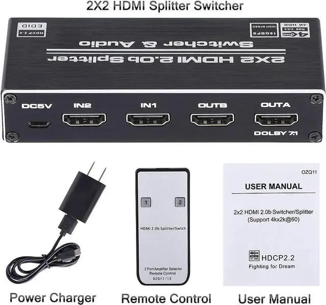 Alt view image 7 of 7 - 4K 60hz HDMI Switch Splitter 2 in 2 Out HDMI Switch HDMI Audio Extractor with IR Remote Support HDMI to Toslink SPDIF 3.5mm Audio Out Support 3D 4K 60hz for TV Box Apple TV DVD PS4 PS3