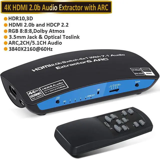 Main image of 4K@60hz HDMI Switch Audio Extractor with Remote, HDMI Switch Splitter 4 Inputs 1 Output with Optical Toslink SPDIF+3.5mm Audio+7.1CH atmos Out Support ARC, HDCP 2.2, RGB 8:8:8,HDR10 - OZQ9-1