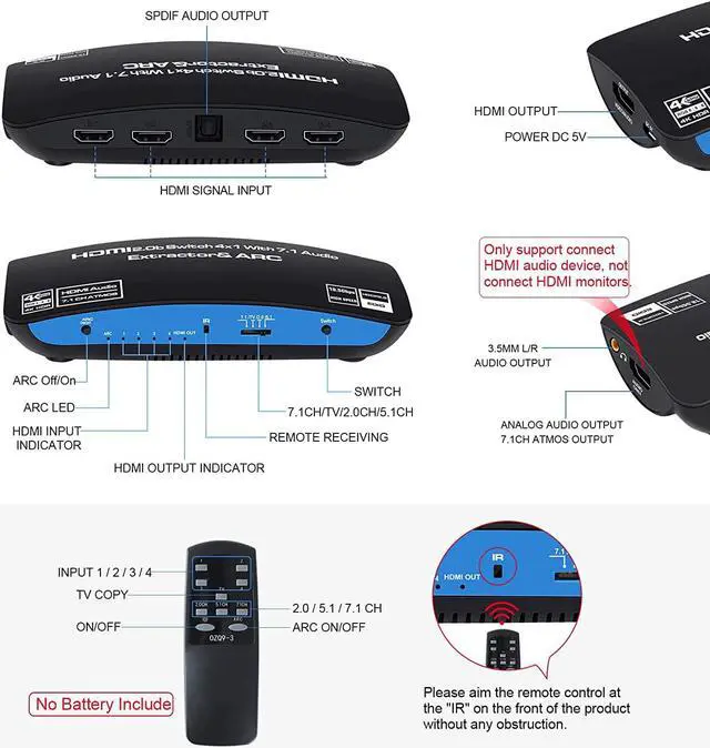 Alt view image 4 of 7 - 4K@60Hz HDMI Switch 4x1 with 7.1CH atmos Audio Extractor, 4 Port HDMI2.0b Switch Box with HDMI Atmos 7.1CH/ Toslink SPDIF/3.5mm Audio Out, HDMI Selector Switch with Remote, OZQ9-1