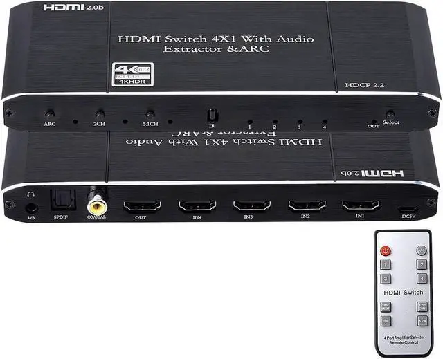 Main image of HDMI Switch Audio Extractor, HDMI Switch Splitter 4 Inputs 1 Output with Remote 4K@60hz, 4-Port HDMI2.0b Switcher Box with Optical Toslink SPDIF+Coaxial+3.5mm Audio Out