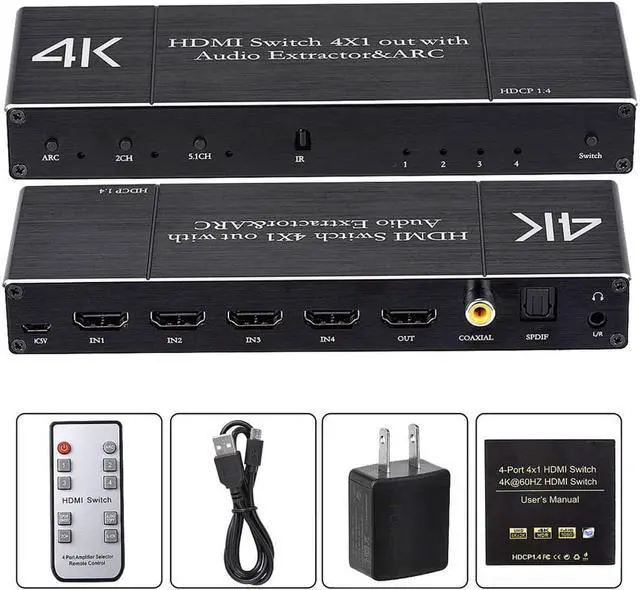 Alt view image 7 of 8 - 4K@60Hz 4x1 HDMI Switch Audio Extractor with Optical Toslink SPDIF/Coaxial/3.5mm Audio Out, 4 Ports HDMI 2.0b Switcher with Remote Control Support ARC, HDCP 2.2, 3D, for Xbox, Fire Stick, PS5, OZQ7