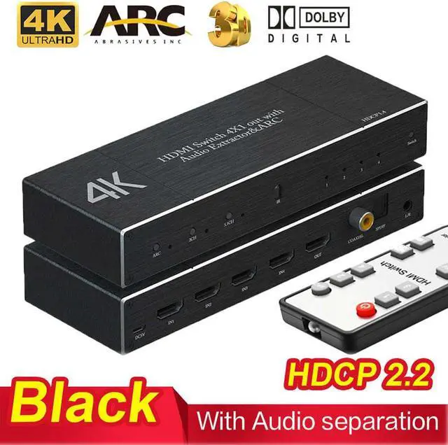 Main image of 4K@60Hz 4x1 HDMI Switch Audio Extractor with Optical Toslink SPDIF/Coaxial/3.5mm Audio Out, 4 Ports HDMI 2.0b Switcher with Remote Control Support ARC, HDCP 2.2, 3D, for Xbox, Fire Stick, PS5, OZQ7