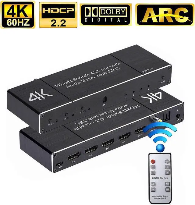Main image of 4K@60Hz HDMI Switch Audio Extractor with Optical + 3.5mm AUX +  Coaxial Output, 4 in 1 Out HDMI Switcher Converter Support ARC, HDCP 2.2, HDR10, Dolby Visio, RGB 8:8:8(Dobly Atmos),EDID, OZQ7
