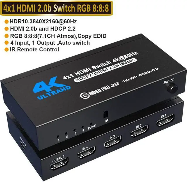 Main image of HDMI Switch 4 in 1 Out,  4x1 Power HDMI Switch 4 Ports w/Remote Control, 4Kx2K@60Hz 3D Full HD Distributor for PS4 Fire Stick HDTV