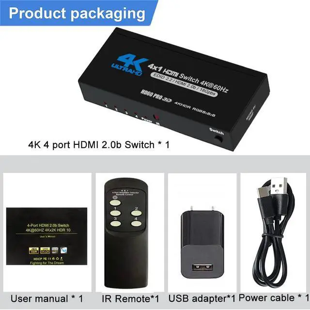 Alt view image 7 of 7 - HDMI Switch 4 in 1 Out,  4x1 Power HDMI Switch 4 Ports w/Remote Control, 4Kx2K@60Hz 3D Full HD Distributor for PS4 Fire Stick HDTV