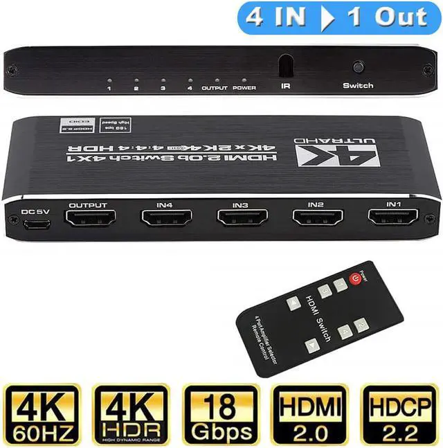 Main image of 4 Port 4 x 1 HDMI Switch and IR Wireless Remote Control, HDMI Switcher Hub Port Switches Support HDCP 2.2 YUV444/RGB888 HDR10 for PS4 Xbox Apple TV Fire Stick Blu-Ray Player (OZQ5-1)