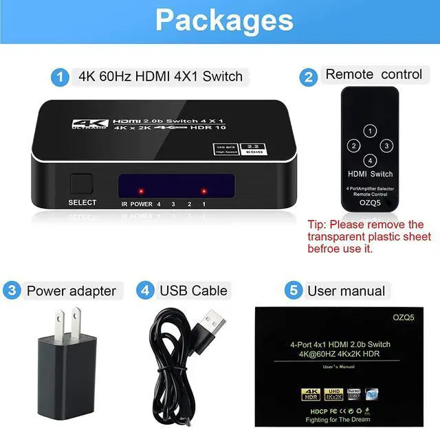 Alt view image 7 of 7 - 4K HDR HDMI Switch, 4 Ports 4K 60Hz HDMI 2.0 Switcher Selector with IR Remote, Supports Ultra HD Dolby Vision, High Speed (Max to 18.5Gbps), HDR10, HDCP 2.2 & 3D - OZQ5