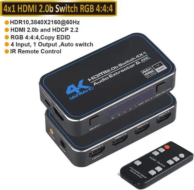 Main image of 4K@60Hz HDMI Switch 4x1 with Optical 3.5mm Stereo Audio Out , 4 Port HDMI Switcher with IR Wireless Remote Support Auto Switch, HDMI 2.0, HDCP 2.2, HDR, Full HD, 3D - OZQ4