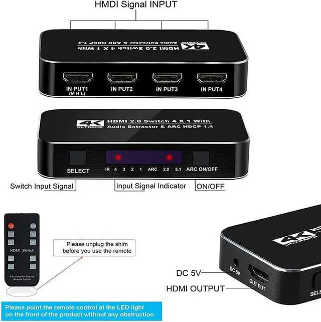 Alt view image 2 of 7 - 4K 4 Ports HDR HDMI Switch Audio Extractor with Optical 3.5mm Stereo Audio Out , 4K 60Hz HDMI 2.0 Switcher Selector with IR Remote, Supports Ultra HD Dolby Vision, 18.5Gbps, HDR10, HDCP 2.2 & 3D