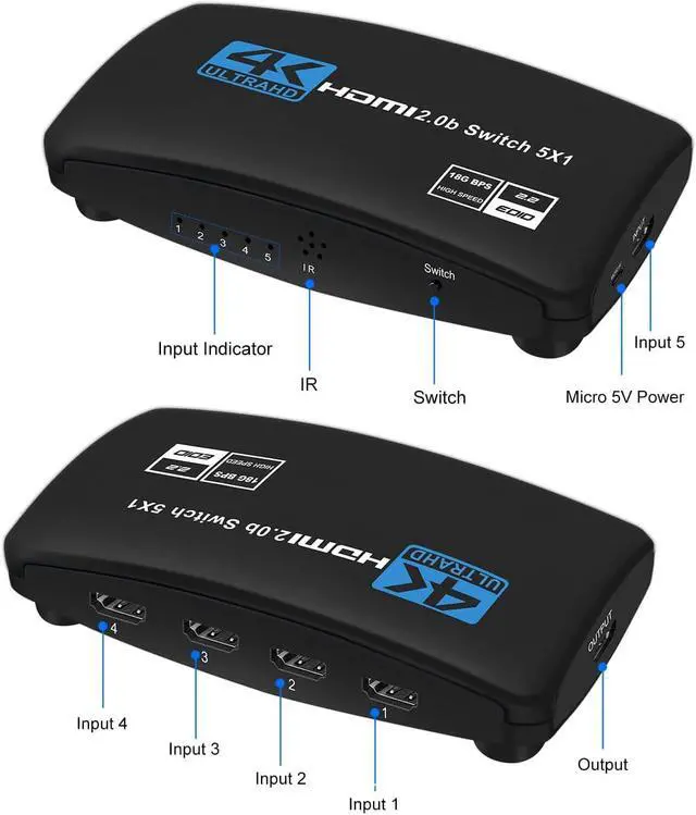 Alt view image 2 of 7 - 4K HDR HDMI Switch, 5 Ports 4K 60Hz HDMI 2.0 Switcher Selector with IR Remote, Supports Ultra HD Dolby Vision, High Speed (Max to 18.5Gbps), HDR10, HDCP 2.2 & 3D - OZQ3-5