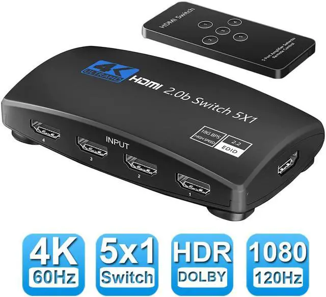 Main image of 4K@60Hz HDMI Switch 5x1, 5 Port HDMI Switcher with IR Wireless Remote Support Auto Switch, HDMI 2.0, HDCP 2.2, HDR, Full HD, 3D - OZQ3-5