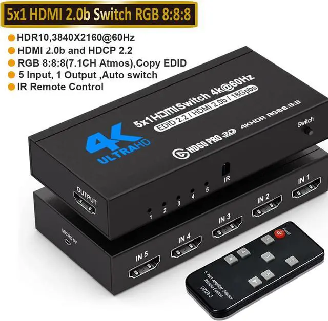Main image of HDMI Switch 5 in 1 Out,  5x1 Power HDMI Switch 5 Ports w/Remote Control, 4Kx2K@60Hz 3D Full HD Distributor for PS4 Fire Stick HDTV, OZQ3-4
