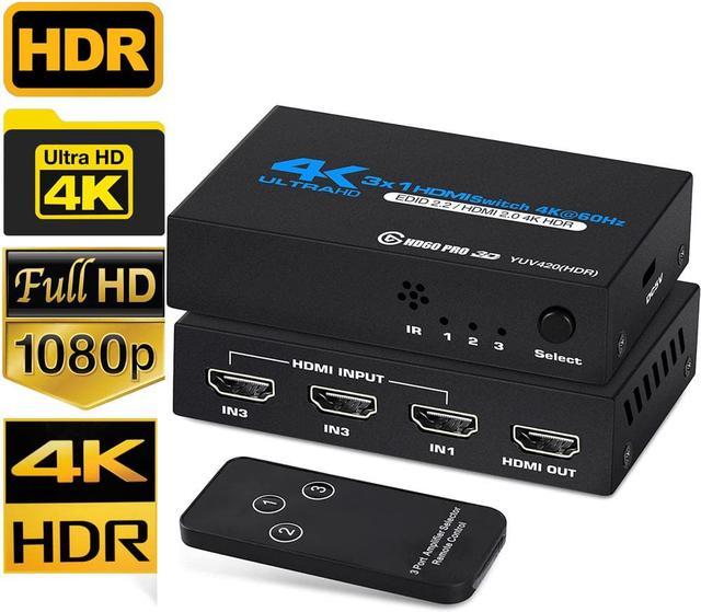 HDMI Switch, 3 Port 4K HDMI Switcher 3x1 Switch HDMI Splitter Pigtail Cable  Supports Full HD 4K 1080P 3D Player