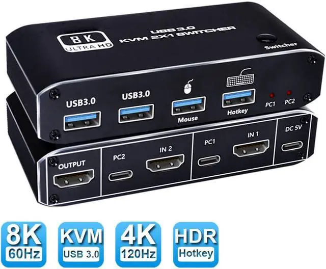 Main image of 8K@60Hz KVM Switch HDMI + USB-C 8K@60Hz 2 in 1 Out KVM Switch 1 Monitors 2 Computers,with Keyboard, Mouse Output and 2 USB3.0 Ports, PC Monitor Keyboard Mouse Switcher