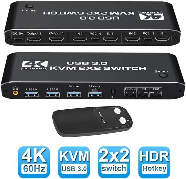 Main image of Jansicotek 2x2 HDMI KVM Switch 2 Port 4K@60Hz, 2 Computers Sharing Dual Monitor Keyboard Mouse Peripherals Selector Box