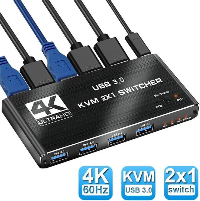 Main image of Jansicotek 4K KVM Switch HDMI 2 Port, 2 in 1 Out, UHD 4K@60Hz, 4 USB 3.0 Hub, One Key Button Switch, Compatible with Most Keyboards and Mouse, 2 Computers Share 1 Monitor