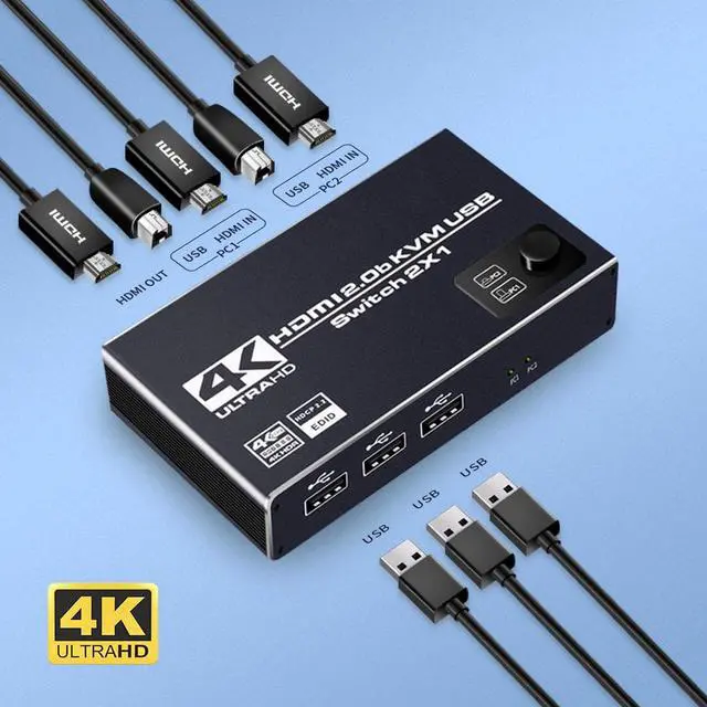 Main image of Jansicotek USB HDMI2.0 KVM Switch, HDMI and USB Switcher 2 in 1 Out Switches for 2 Computers Share Keyboard Mouse Printer and 1 Monitor and 3USB Ports, Support Full HD 4K@60Hz with One Button Switch