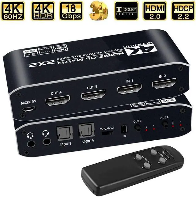 Main image of HDMI Matrix 2x2, 4K HDMI Matrix Switch, 1080P 3D, RGB 4:4:4/8:8:8(Dolby ATMOS), 2xSPDIF Audio, 2x3.5mm L/R, IR Remote (OZJ6)