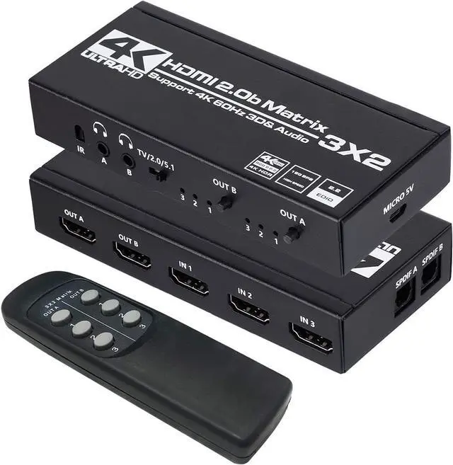 Main image of 3x2 Matrix HDMI Switch 4K 60Hz, 4K@60Hz 3in 2out HDMI Matrix Switch with IR Remote Control, Support HDMI 2.0b, HDCP2.2, HDR10, Ultra HD, 3D , OZJ5