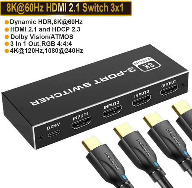 Main image of 8K 60Hz 4K120Hz 48Gbps Jansicotek HDMI Switch 3 in 1 OutHDMI 2.1 HDCP2.33D HDR 10 Dolby Atmos Compatible with PS5, Computer Graphics Card, Player, etc. (4Port)