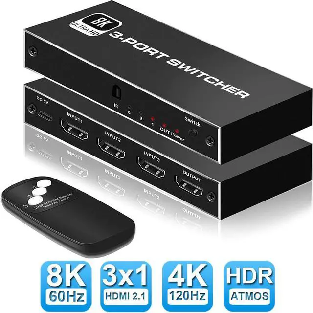 Main image of HDMI 2.1 Switch 8K 60Hz, HDMI Switcher 3 in 1 Out with IR Remote, Supports 48Gbps, HDR10+, HDCP2.3, Dolby Vision, 4k@120Hz HDMI Switcher Selector for Xbox PS4 PS5 Roku TV Projector