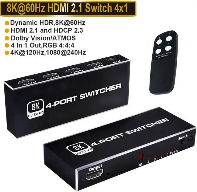 Main image of 8K 60Hz 4K120Hz 48Gbps Jansicotek HDMI Switch 4 in 1 OutHDMI 2.1 HDCP2.33D HDR 10 Dolby Atmos Compatible with PS5, Computer Graphics Card, Player, etc. (4Port)