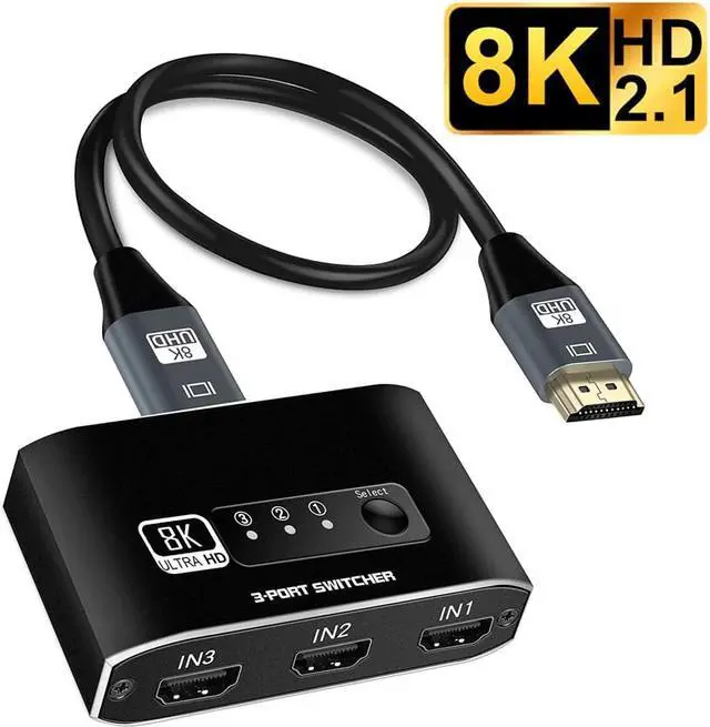 Main image of HDMI Switch 8K@60Hz, 3 in 1 Out HDMI Switch, 3 Port HDMI Switcher Box with 3.9FT HDMI Cable, Supports 8K, 4K, 1080P, 3D, HDMI2.1, HDR10, Compatible with Fire Stick 4K, HDTV, PS4/5, Game Consoles, PC