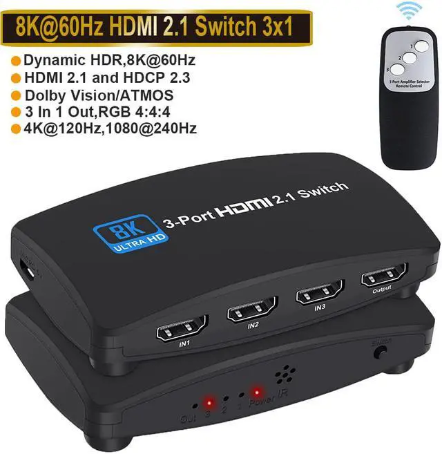 Main image of HDMI Switch 8k Ultra HD 3 in 1 Out,, 48Gbps High-Speed HDMI 2.1 Switcher with IR Romote Control, Support 8K@60Hz, 4K@120Hz, 1080P@240Hz, Compatible with Xbox X, PS5, TV, Monitors (OZ8Q3)