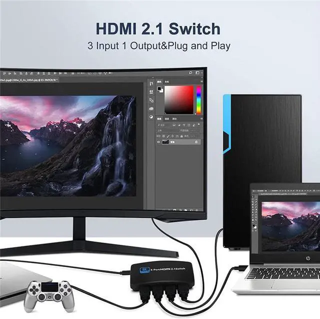 Alt view image 6 of 8 - HDMI 2.1 Switch 8K 60Hz, HDMI Switcher 3 in 1 Out with IR Remote, 3 Port 4K 120Hz Auto HDMI Selector Hub Support 8K 48Gbps, HDR10, HDCP2.3, Dolby Vision for Xbox PS4 Pro PS5 Roku TV Monitor Projector