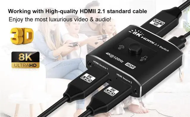 Alt view image 2 of 8 - 8K HDMI Switch,Jansicotek HDMI Switcher 2 in 1 Out, HDMI 2.1 Switch Support 8K@60hz and 4K@120hz, Compatible with Xbox X, PS5, Blu-Ray Player, 8K UHD TV, Monitor and Projector (OZ8Q2B)