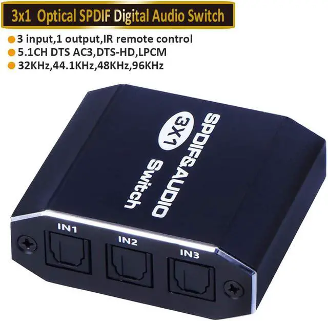 Main image of SPDIF/TOSLINK Optical Audio 3x1 Switcher Digital Optical Switch Splitter Extender with IR Remote Control Optical Cable