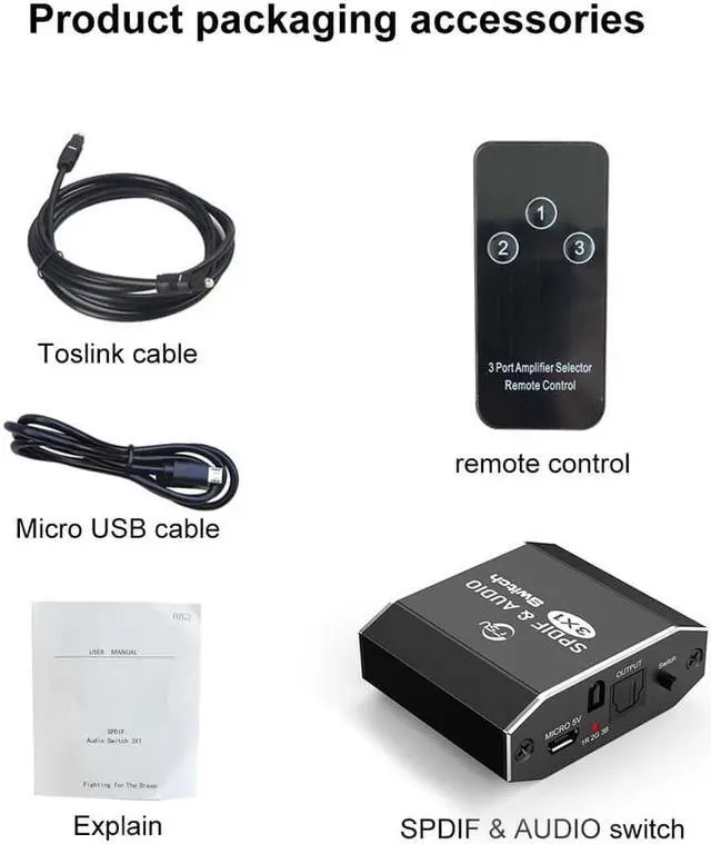 Alt view image 7 of 7 - SPDIF/TOSLINK Optical Audio Switch 3x1 with IR Remote, 3 Port TOSLINK Switcher Support LPCM2.0 / DTS / Dolby Digital