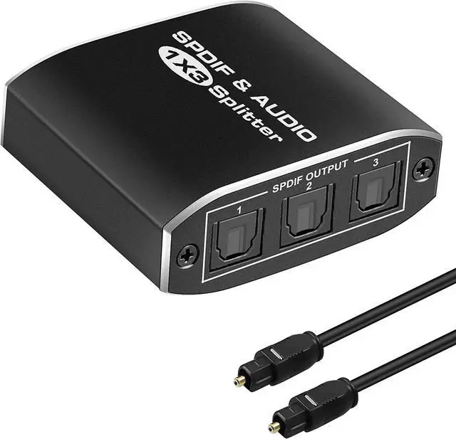 Main image of 3 Port Toslink Splitter with Optical Cable (1 In 3 Out) Premium Quality Digital Optical Audio Splitter Aluminum Alloy SPDIF Toslink Fiber Audio Splitter Support Dolby Digital DTS 5.1 PCM Stereo LPCM
