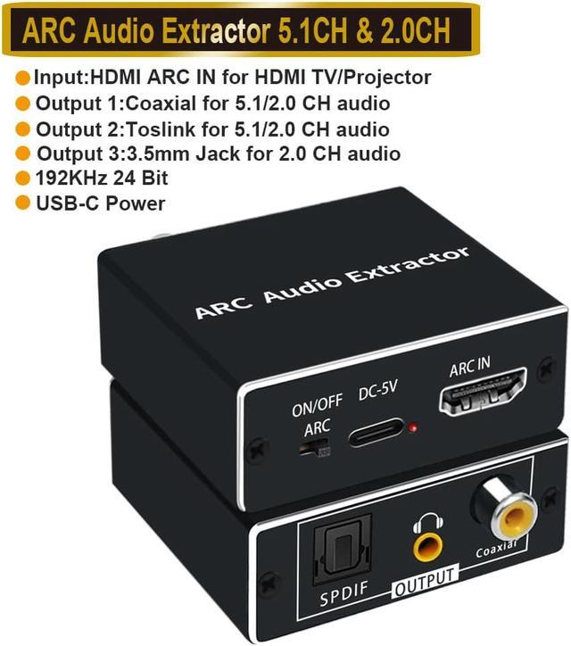 ARC Audio Extractor Splitter Converter, HDMI to Optical + Coaxial + 3.5mm  AUX Audio Adapter Supports Dolby@5.1, DTS@5.1, Dolby AC3,DSD,PCM,LPCM For  All TVs and Audio Devices with HDMI ARC ports 