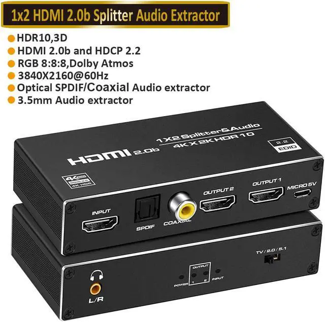 Main image of HDMI Splitter 1x2 with Audio Extractor(3.5mm, Coaxial & SPDIF audio out), 1 in 2 Out Audio Video Distributor Box, HDMI 2.0b, HDCP 2.2, HDR, Support 4K@60Hz Ultra HD 3D for PS4, Xbox, Blu-ray Players