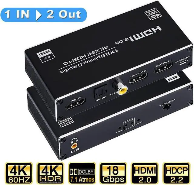 Main image of HDMI Splitter 1 in 2 Out with 3.5mm, Coaxial & Optical SPDIF audio out - 4K Ver HDMI2.0 HDCP2.2, Powered HDMI Splitter Supports 3D 4K@60HZ Full HD1080P for Xbox PS4 PS3 Fire Stick Roku Blu-Ray Player