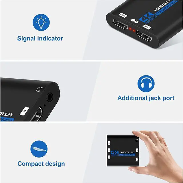 Alt view image 2 of 7 - HDMI Splitter 1 in 2 Out, HDMI Splitter 1x2 Power 4K HDMI Splitter with 3.5mm Jack audio out, 4K@60Hz Dual Monitors Duplicate/Mirror for PS4 Fire Stick HDTV