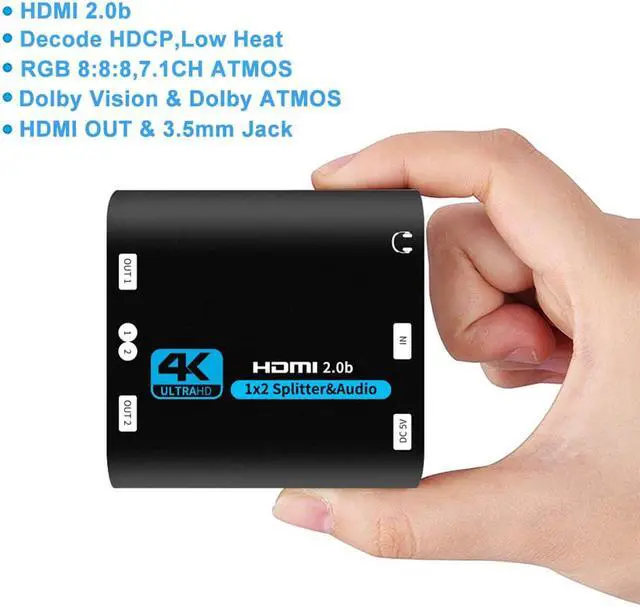 Main image of HDMI Splitter 1 in 2 Out, HDMI Splitter 1x2 Power 4K HDMI Splitter with 3.5mm Jack audio out, 4K@60Hz Dual Monitors Duplicate/Mirror for PS4 Fire Stick HDTV
